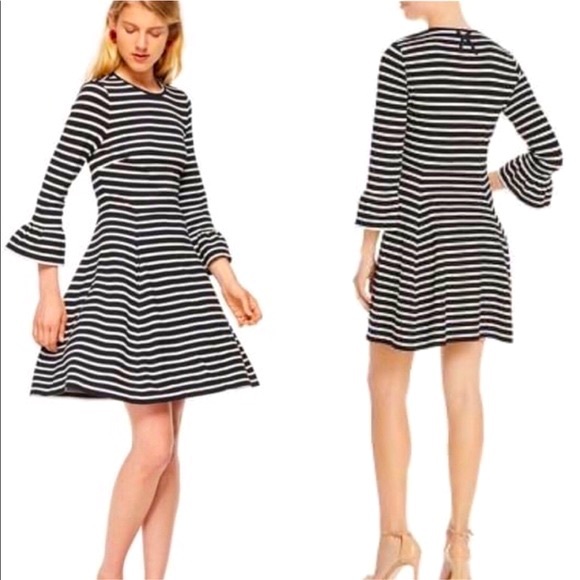 Like New Kate Spade Striped Ponte Fit & Flare Mini Dress Black White Long Sleeve - Picture 1 of 10